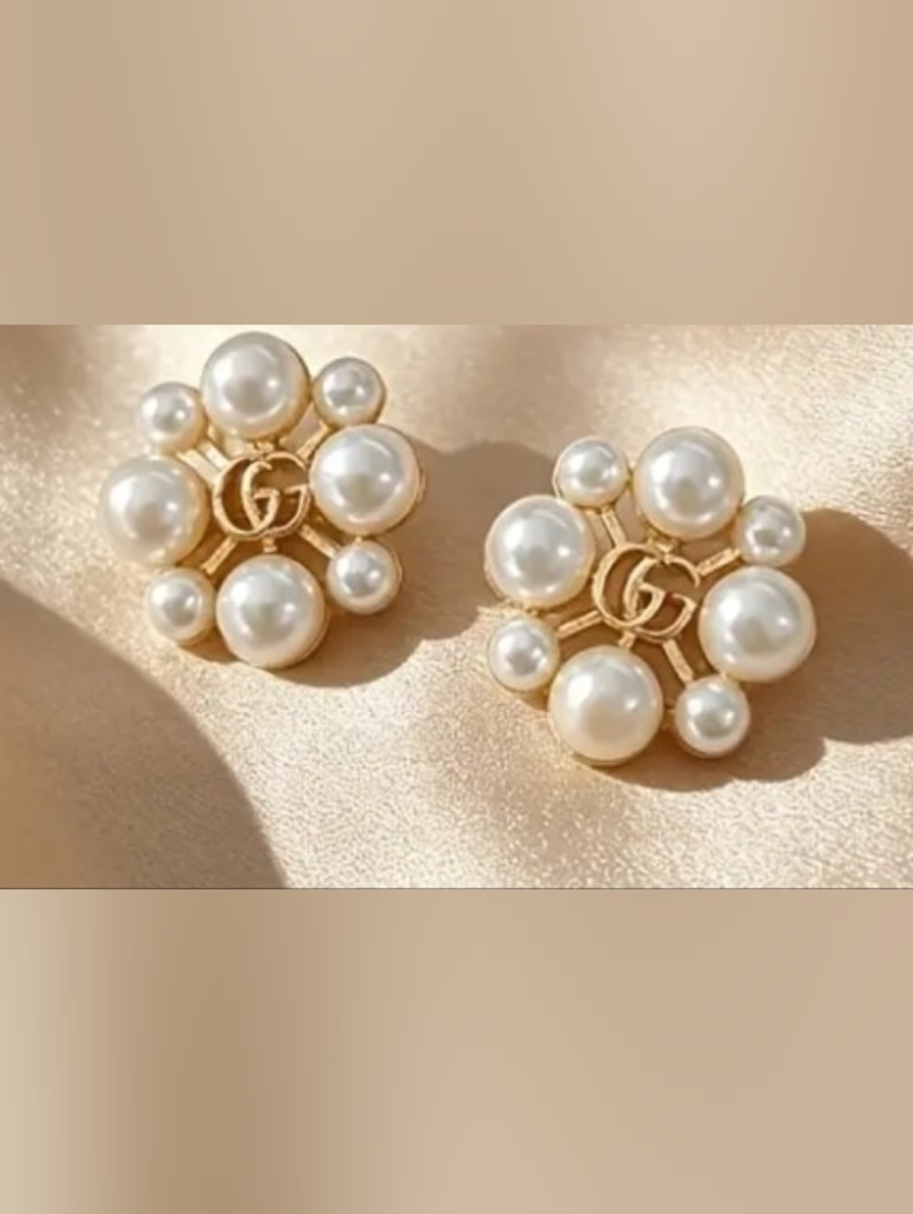 Gold Tone Double G Faux Pearl Cluster Earrings